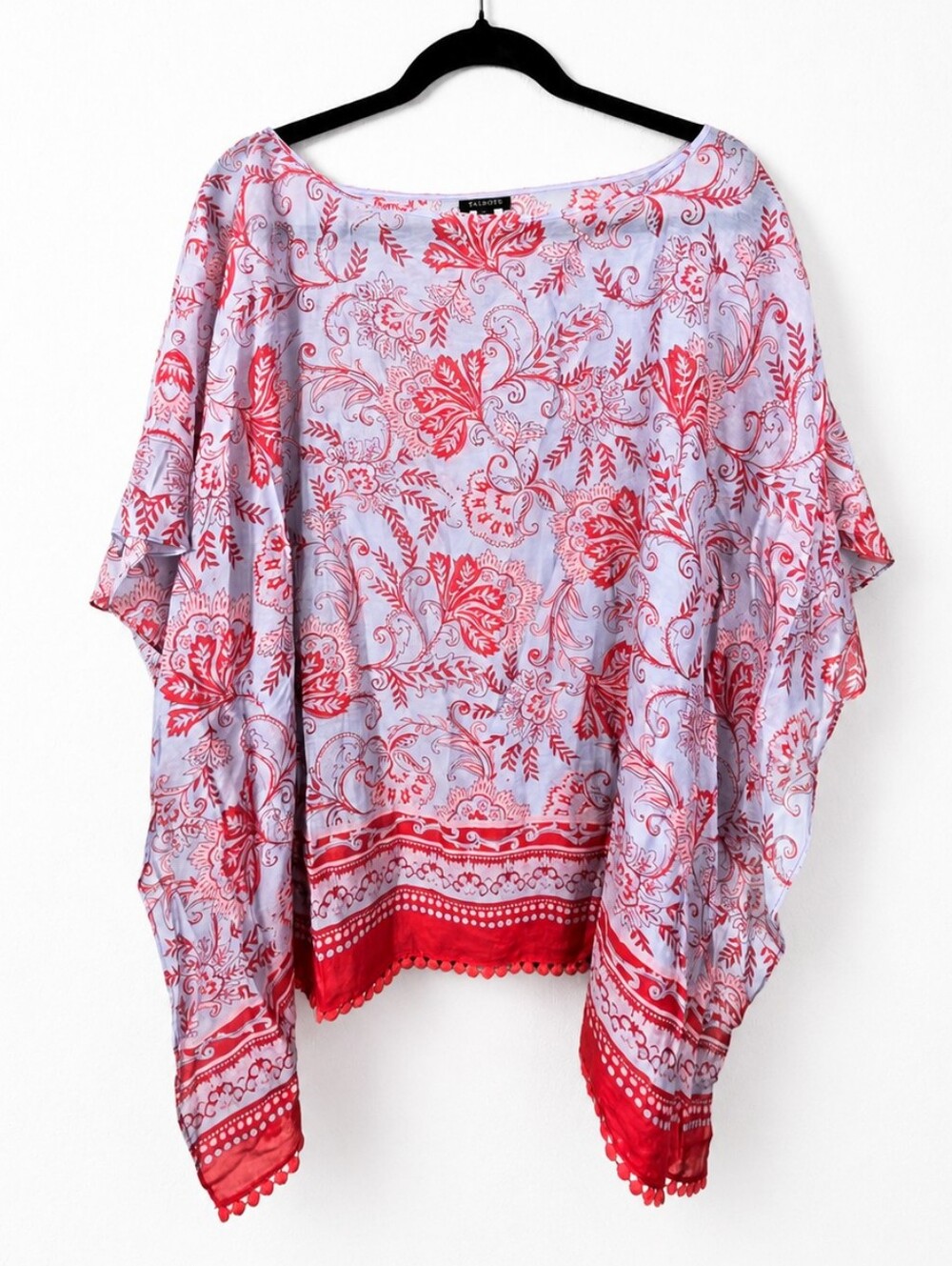 Talbots Cotton Silk Floral Border Print Poncho Blouse Pom Pom Trim Boho Large
